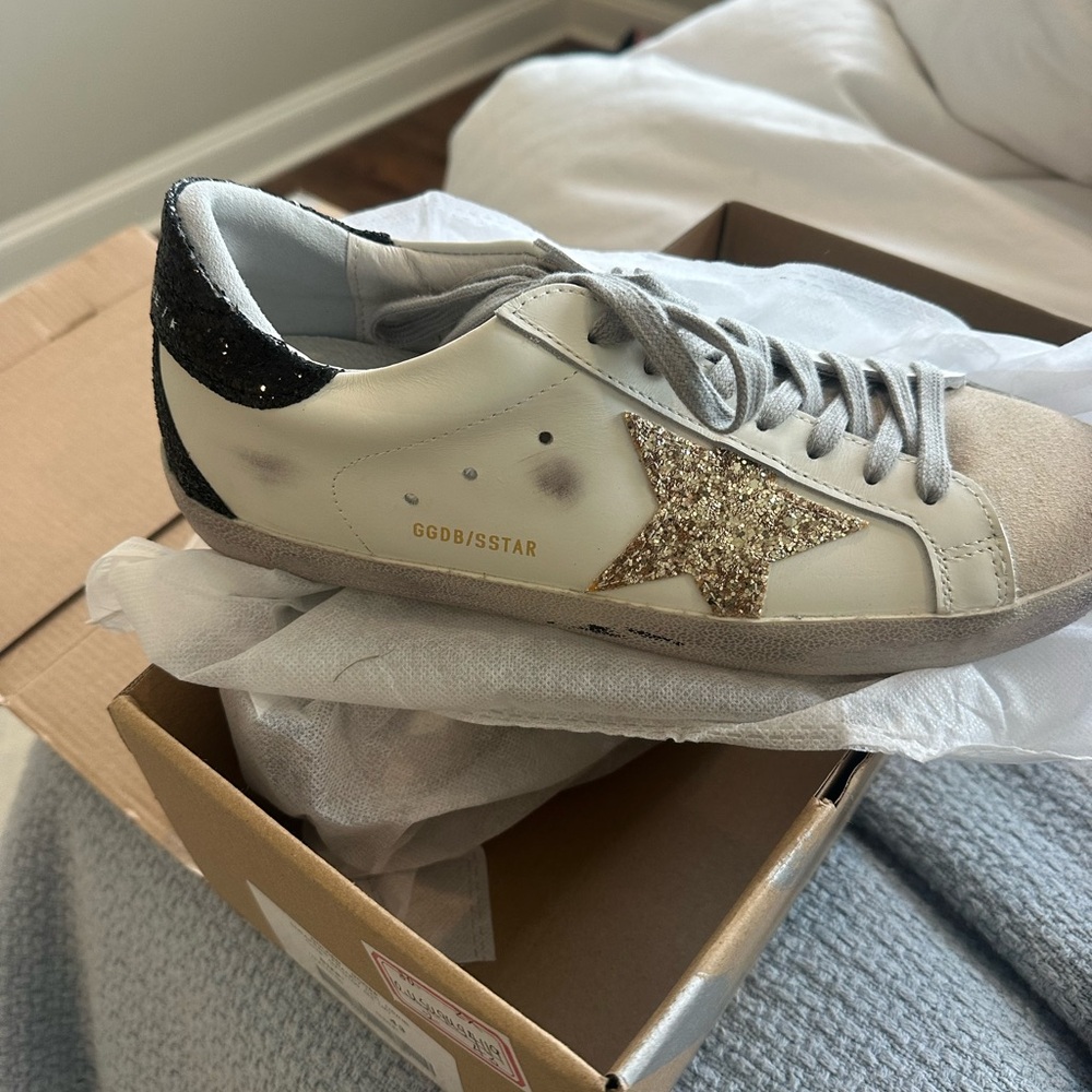 Golden Goose White Leather Sneakers with Gold Glitter Star and Black Heel